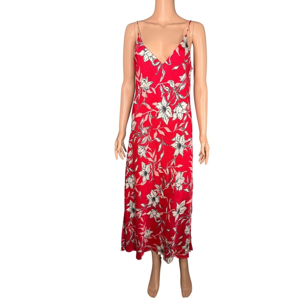 Rag & Bone Red Floral Silk Blend Midi Slip Dress Size 12 V-Neck Side Slit